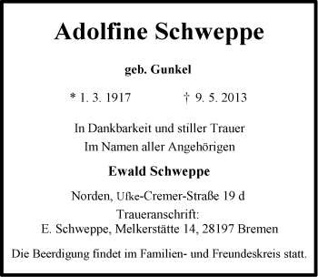 Traueranzeige von Adolfine Schweppe von Ostfriesischer Kurier