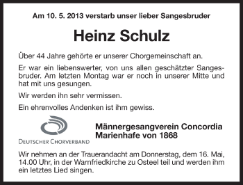 Traueranzeige von Heinz Schulz von Ostfriesischer Kurier