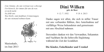 Traueranzeige von Dini Wilken von Ostfriesischer Kurier