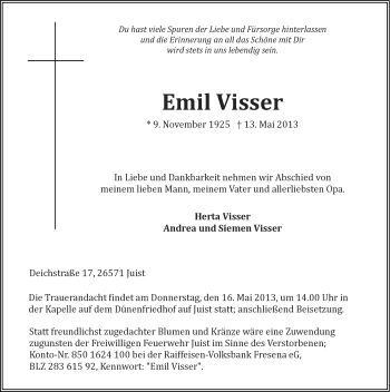 Traueranzeige von Emil Visser von Ostfriesischer Kurier