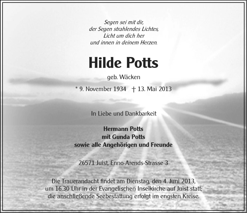  Traueranzeige für Hilde Potts vom 15.05.2013 aus Ostfriesischer Kurier