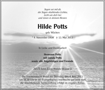 Traueranzeige von Hilde Potts von Ostfriesischer Kurier