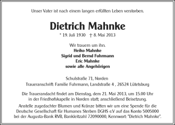 Traueranzeige von Dietrich Mahnke von Ostfriesischer Kurier