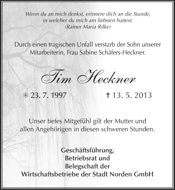 Traueranzeige von Tim Heckner von Ostfriesischer Kurier