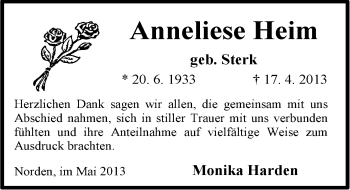 Traueranzeige von Anneliese Heim von Ostfriesischer Kurier