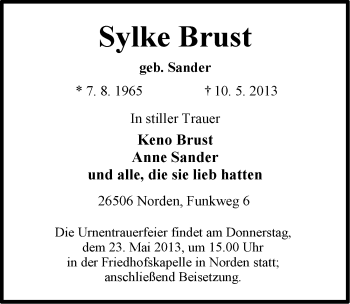 Traueranzeige von Sylke Brust von Ostfriesischer Kurier
