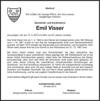 Traueranzeige von Emil Visser von Ostfriesischer Kurier
