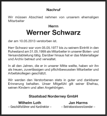 Traueranzeige von Werner Schwarz von Ostfriesischer Kurier
