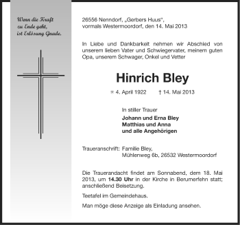 Traueranzeige von Hinrich Bley von Ostfriesischer Kurier