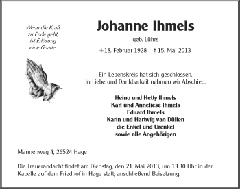 Traueranzeige von Johanne Ihmels von Ostfriesischer Kurier