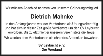 Traueranzeige von Dietrich Mahnke von Ostfriesischer Kurier