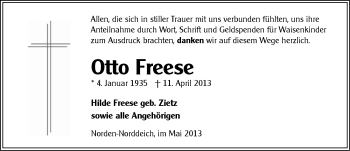 Traueranzeige von Otto Freese von Ostfriesischer Kurier