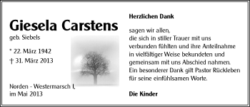 Traueranzeige von Giesela Carstens von Ostfriesischer Kurier