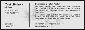 Traueranzeige von Anni Meiners von Ostfriesischer Kurier