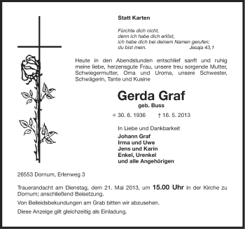 Traueranzeige von Gerda Graf von Ostfriesischer Kurier