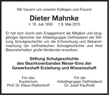Traueranzeige von Dieter Mahnke von Ostfriesischer Kurier