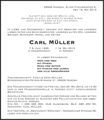 Traueranzeige von Carl Müller von Ostfriesischer Kurier
