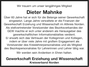 Traueranzeige von Dieter Mahnke von Ostfriesischer Kurier
