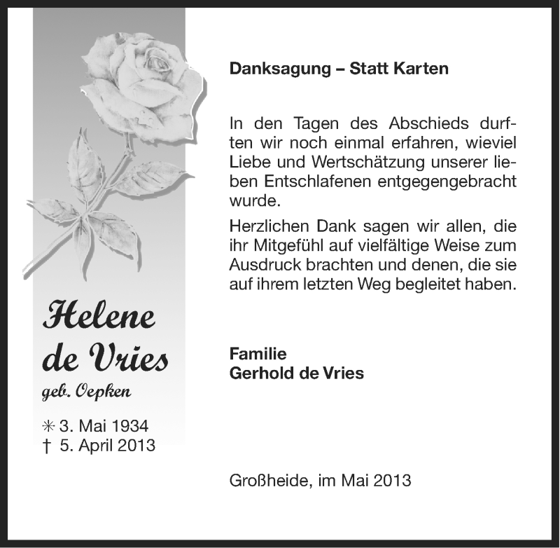  Traueranzeige für Helene de Vries vom 25.05.2013 aus Ostfriesischer Kurier