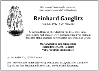 Traueranzeige von Reinhard Gauglitz von Ostfriesischer Kurier