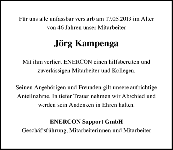 Traueranzeige von Jörg Kampenga von Ostfriesischer Kurier