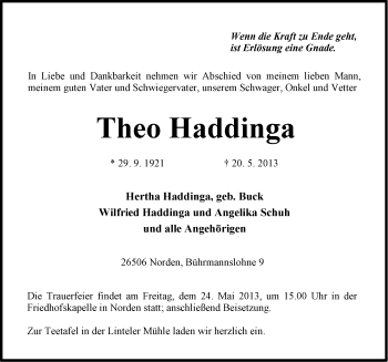 Traueranzeige von Theo Haddinga von Ostfriesischer Kurier