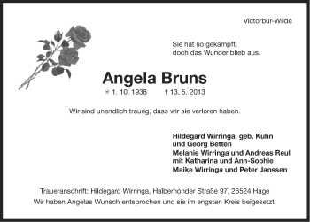 Traueranzeige von Angela Bruns von Ostfriesischer Kurier
