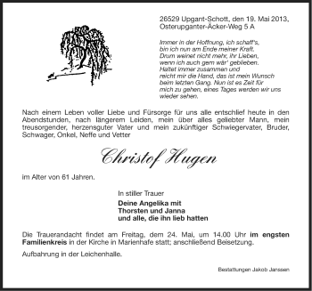 Traueranzeige von Christof Hugen von Ostfriesischer Kurier