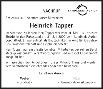 Traueranzeige von Heinrich Tapper von Ostfriesischer Kurier
