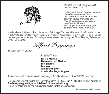 Traueranzeige von Alfred Poppinga von Ostfriesischer Kurier