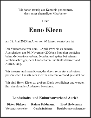 Traueranzeige von Enno Kleen von Ostfriesischer Kurier
