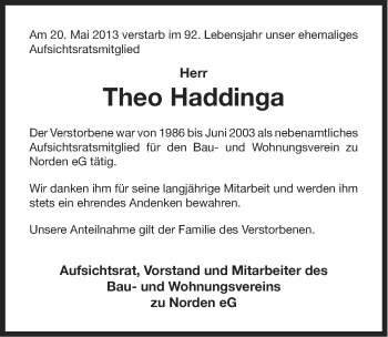 Traueranzeige von Theo Haddinga von Ostfriesischer Kurier