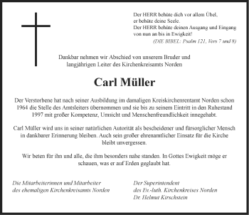 Traueranzeige von Carl Müller von Ostfriesischer Kurier