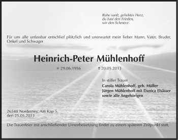 Traueranzeige von Heinrich-Peter Mühlenhoff von Ostfriesischer Kurier