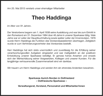 Traueranzeige von Theo Haddinga von Ostfriesischer Kurier