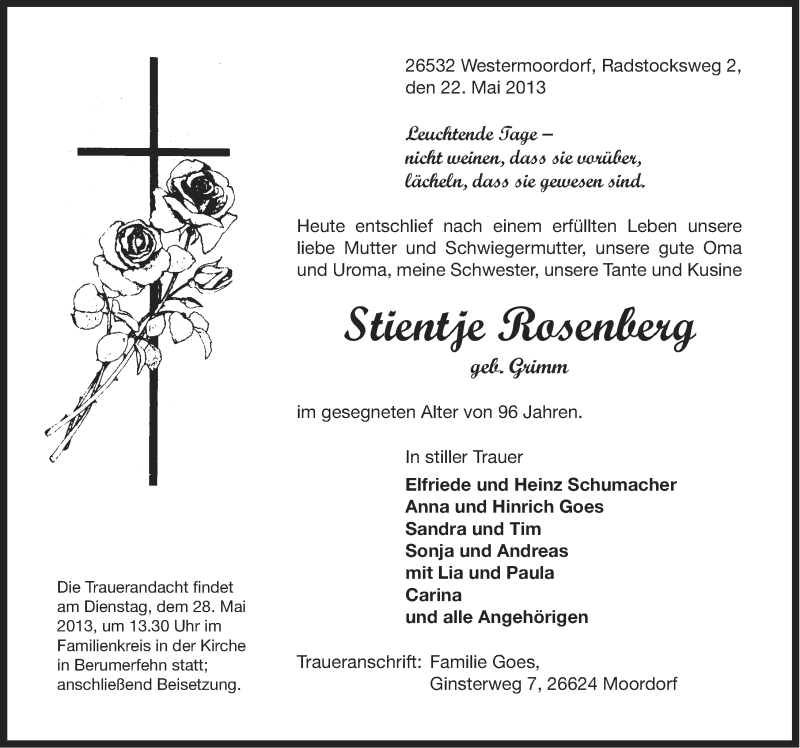  Traueranzeige für Stientje Rosenberg vom 24.05.2013 aus Ostfriesischer Kurier