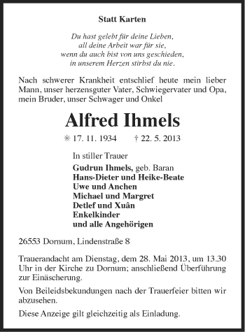 Traueranzeige von Alfred Ihmels von Ostfriesischer Kurier