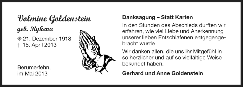  Traueranzeige für Volmine Goldenstein vom 25.05.2013 aus Ostfriesischer Kurier