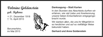 Traueranzeige von Volmine Goldenstein von Ostfriesischer Kurier
