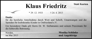 Traueranzeige von Klaus Friedritz von Ostfriesischer Kurier
