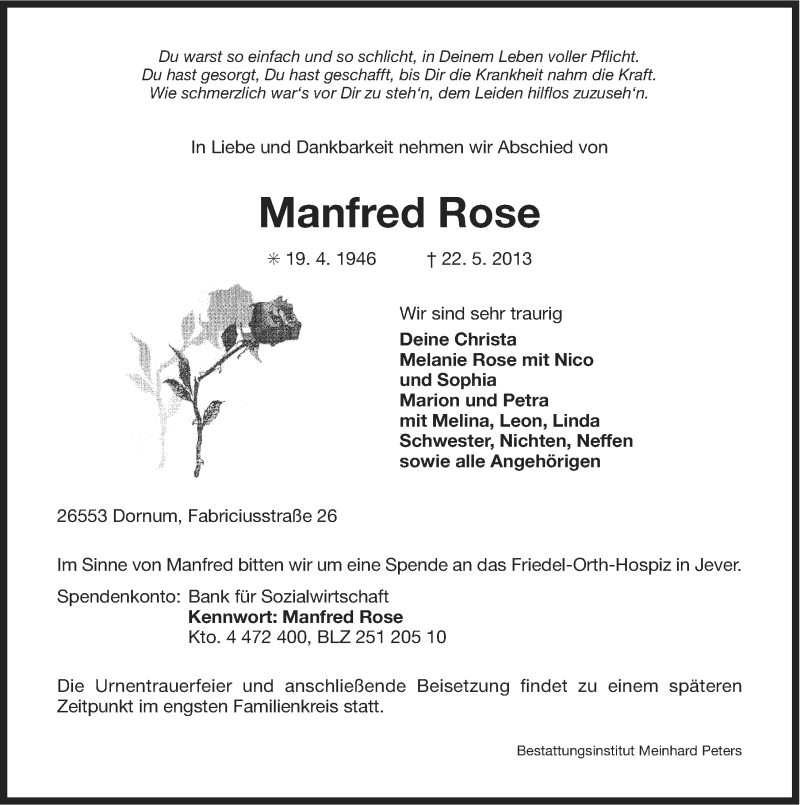  Traueranzeige für Manfred Rose vom 24.05.2013 aus Ostfriesischer Kurier