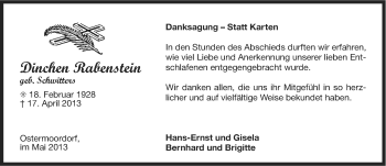 Traueranzeige von Dinchen Rabenstein von Ostfriesischer Kurier