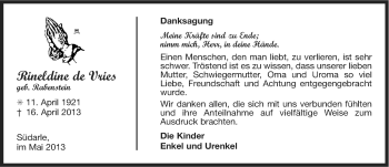 Traueranzeige von Rineldine de Vries von Ostfriesischer Kurier