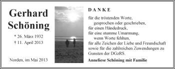 Traueranzeige von Gerhard Schöning von Ostfriesischer Kurier