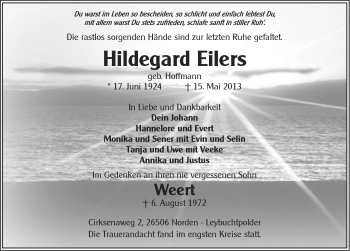Traueranzeige von Hildegard Eilers von Ostfriesischer Kurier