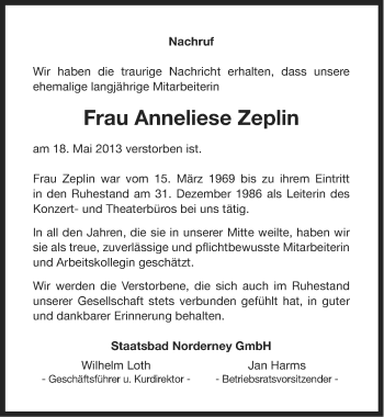 Traueranzeige von Anneliese Zeplin von Ostfriesischer Kurier