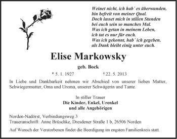 Traueranzeige von Elise Markowsky von Ostfriesischer Kurier