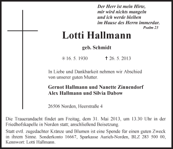 Traueranzeige von Lotti Hallmann von Ostfriesischer Kurier