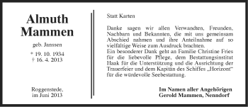 Traueranzeige von Almuth Mammen von Ostfriesischer Kurier