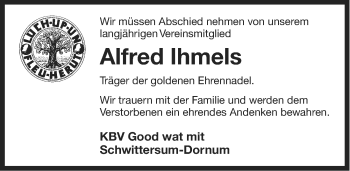 Traueranzeige von Alfred Ihmels von Ostfriesischer Kurier